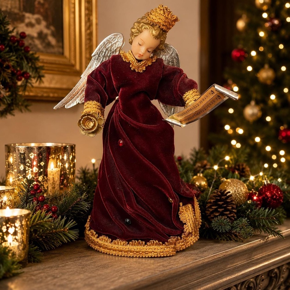 VTG Burgundy Velvet Christmas Angel Figure Gold Rose & Hymnal, 12" Holiday Decor